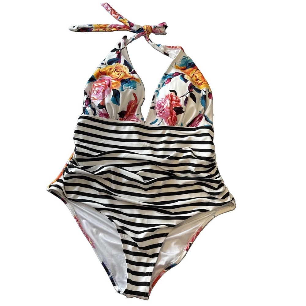 NWT Cupshe One Piece Swimsuit 2X Bold Floral Striped Halter Ruched Plunge Resort